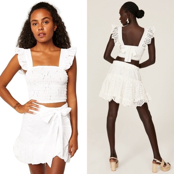 MISA LOS ANGELES Eyelet Flutter Strap‎ Tie Back Square Neck Smocked Crop Top S - Picture 4 of 16